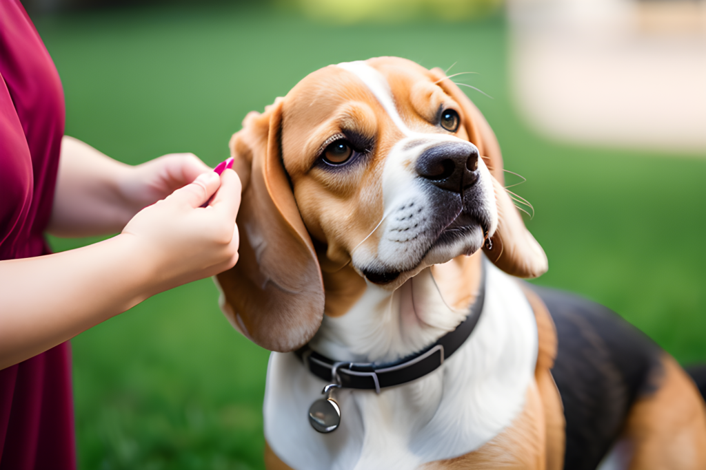 Beagle dog being groomed
