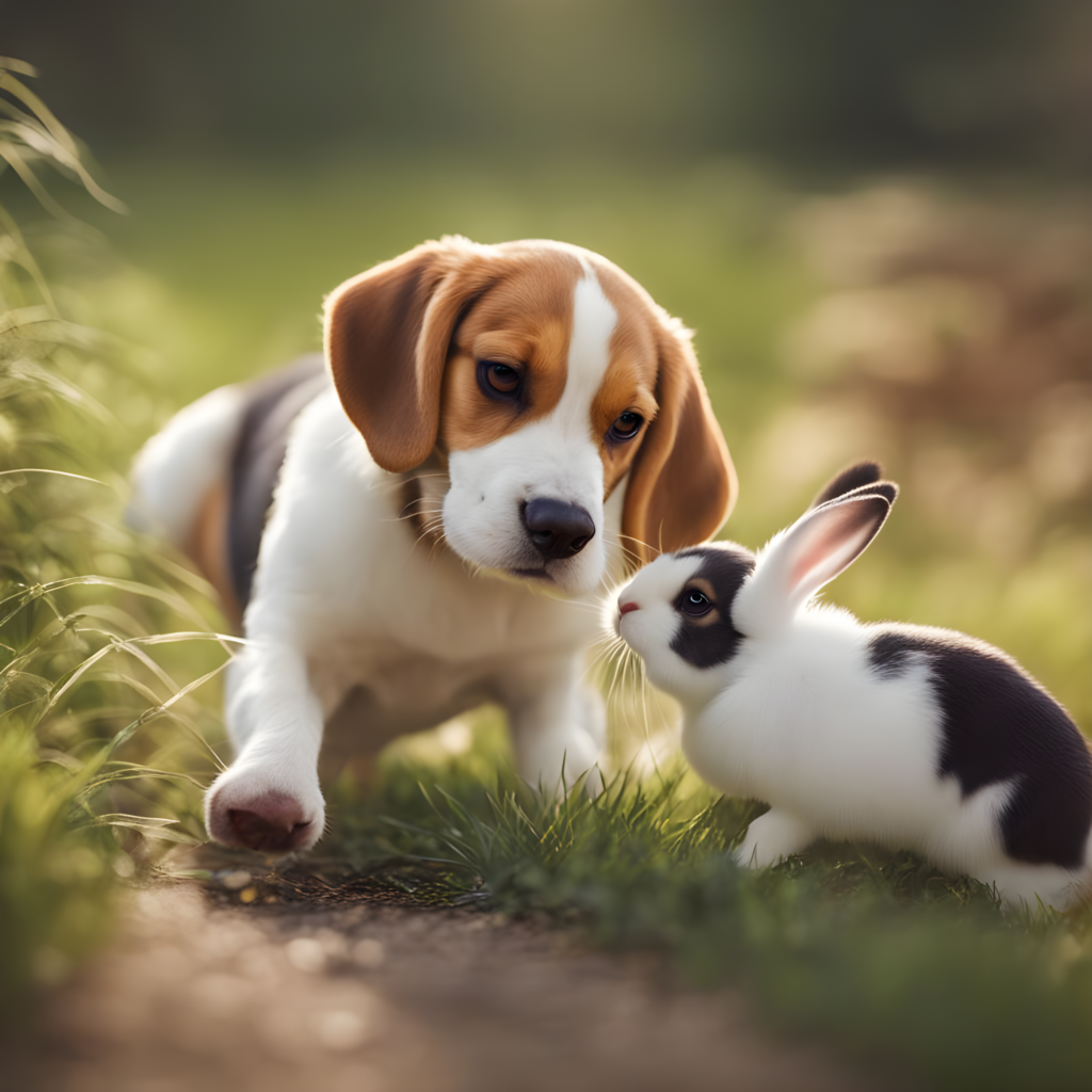 Beagle dog playing with a rabbit