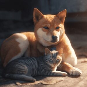 Hond en kat rusten samen in de zon op woefkesranch.