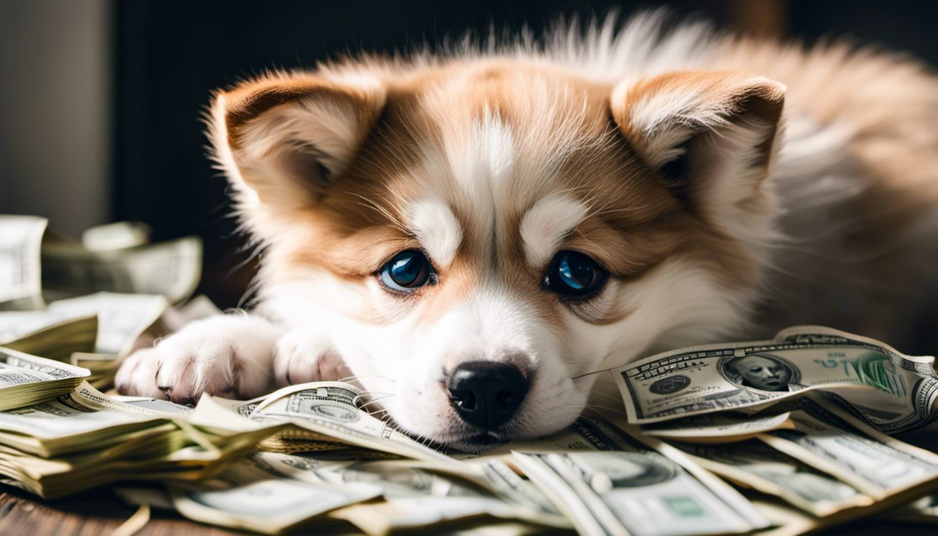A pomsky puppy playing with money in a vibrant atmosphere, captured with high-quality photography equipment. Pomsky cost