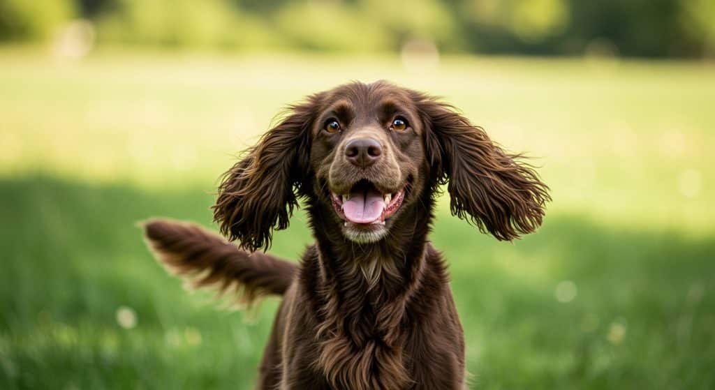 Happy english cocker spaniel puppy outdoors in green field.