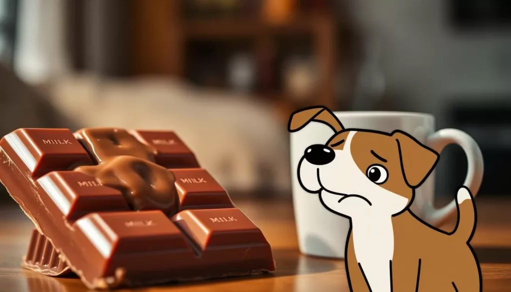 A close-up photograph of a large, shiny milk chocolate bar and a steaming mug of coffee, casting a warm, amber glow. In the foreground, a cartoon dog with a worried expression looks on, indicating the potential dangers of these treats. The background is blurred, but suggests a cozy, domestic setting, emphasizing the contrast between the tasty indulgences and the dog's distress. The lighting is soft and diffused, creating an atmosphere of concern and caution. The overall composition draws the viewer's attention to the hazardous situation, highlighting the risks of these common household items to our canine companions. A close-up photograph of a large, shiny milk chocolate bar and a steaming mug of coffee, casting a warm, amber glow. In the foreground, a cartoon dog with a worried expression looks on, indicating the potential dangers of these treats. The background is blurred, but suggests a cozy, domestic setting, emphasizing the contrast between the tasty indulgences and the dog's distress. The lighting is soft and diffused, creating an atmosphere of concern and caution. The overall composition draws the viewer's attention to the hazardous situation, highlighting the risks of these common household items to our canine companions.