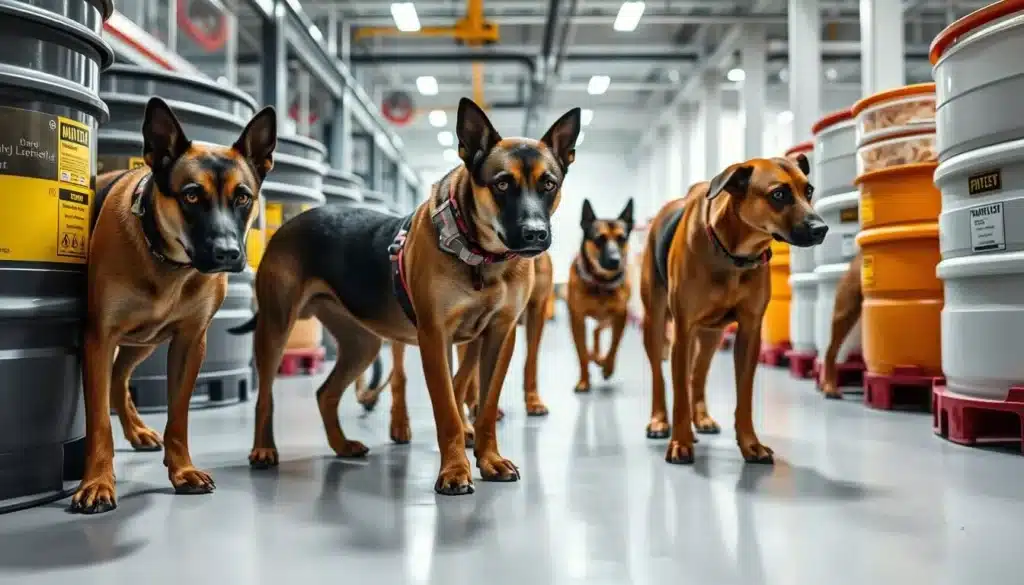 A group of alert, well-trained sniffer dogs carefully inspecting a variety of hazardous materials containers in a well-lit, spotless industrial facility. The dogs have an intense, focused gaze as they meticulously scan their surroundings, their muscular bodies poised and ready to detect any potential threats. The scene is bathed in bright, even lighting that casts clean, crisp shadows, emphasizing the dogs' strong silhouettes. The background is devoid of distractions, with a clean, sterile environment that underscores the importance of the task at hand. An atmosphere of professionalism and vigilance pervades the image, highlighting the dogs' crucial role in identifying and mitigating the risks of dangerous substances. A group of alert, well-trained sniffer dogs carefully inspecting a variety of hazardous materials containers in a well-lit, spotless industrial facility. The dogs have an intense, focused gaze as they meticulously scan their surroundings, their muscular bodies poised and ready to detect any potential threats. The scene is bathed in bright, even lighting that casts clean, crisp shadows, emphasizing the dogs' strong silhouettes. The background is devoid of distractions, with a clean, sterile environment that underscores the importance of the task at hand. An atmosphere of professionalism and vigilance pervades the image, highlighting the dogs' crucial role in identifying and mitigating the risks of dangerous substances.