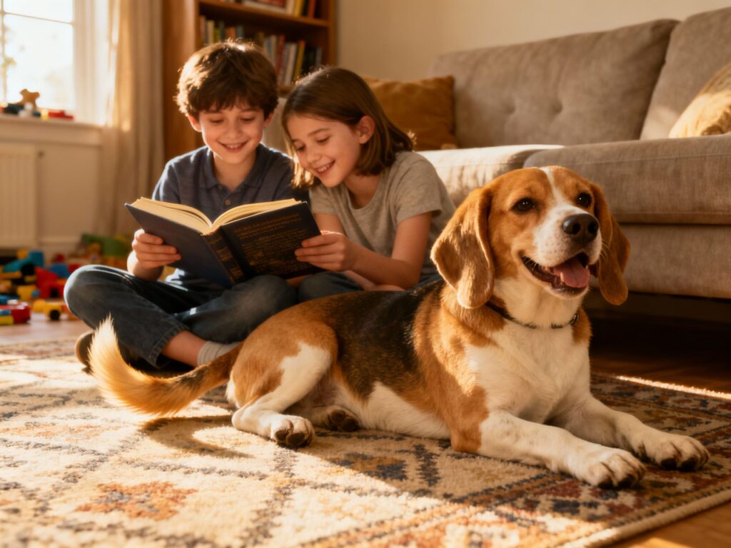 Beagle rust tevreden naast kinderen die een boek lezen - rustige momenten met je gezinshond