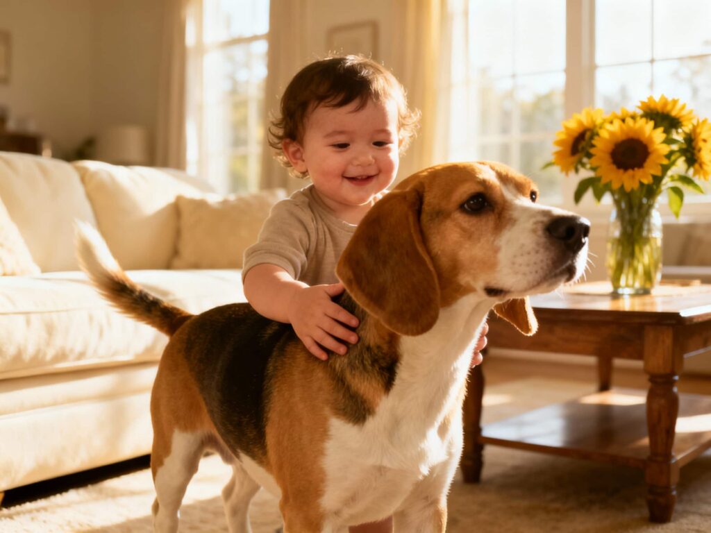 Peuter aait geduldige beagle voorzichtig in de woonkamer - beagle met kinderen