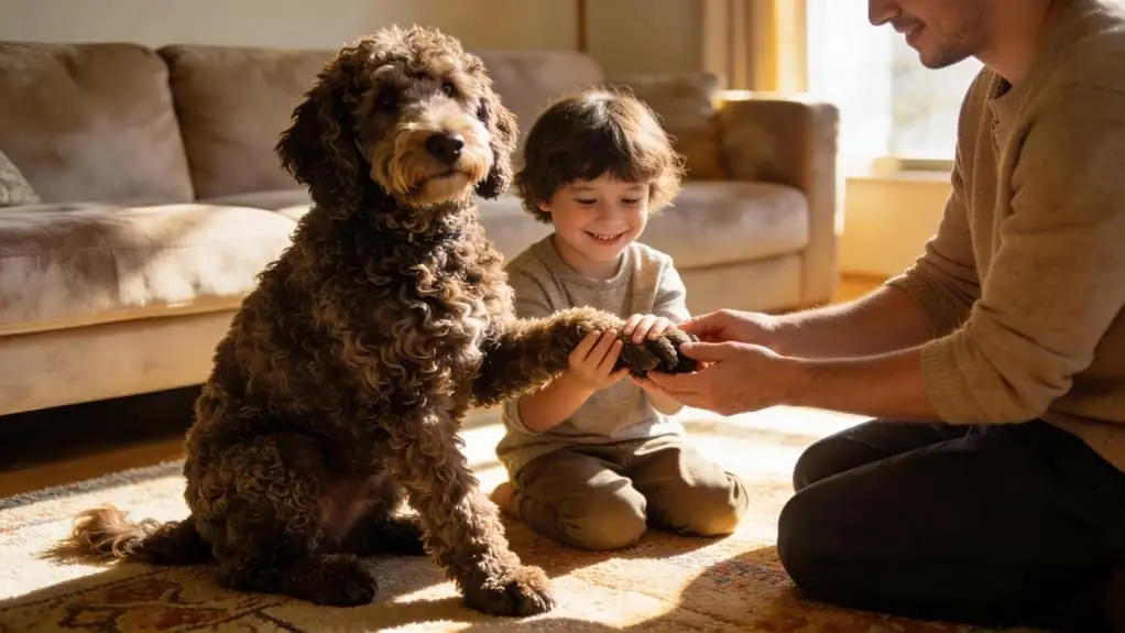 Gezin speelt met hond op woefkesranch, dierenplezier en ontspanning.