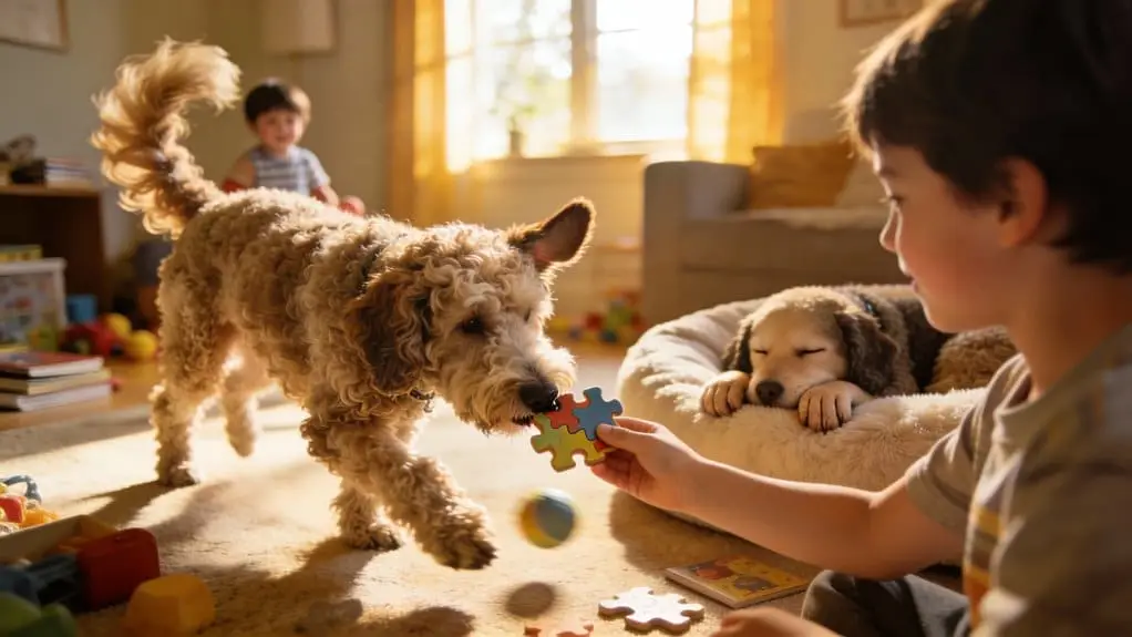 Kind speelt met hond en puppy in gezellige woonkamer.